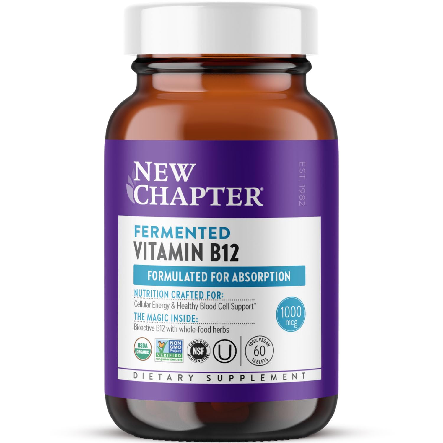 New Chapter fermented B12 bottle showcasing vegan organic formula for daily energy support.