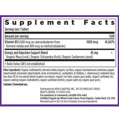 New Chapter B12 ingredient list featuring bioactive methylated B12 and maca.