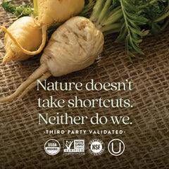 New Chapter packaging emphasizing organic, non-GMO, gluten-free features.