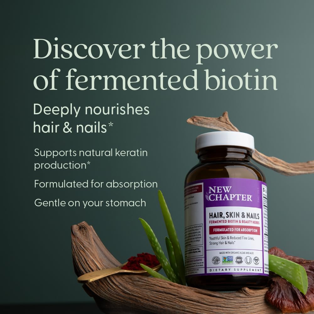 New Chapter fermented biotin ingredient sourcing image emphasizes holistic beauty from within.