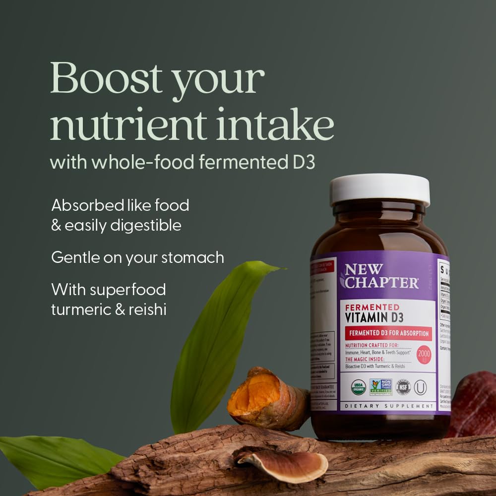 New Chapter D3 ingredients image highlights turmeric and reishi organic superfoods.