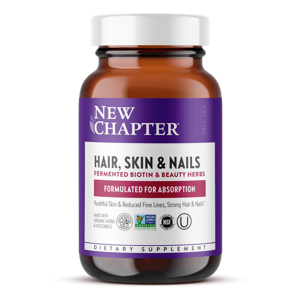 New Chapter Hair Skin Nails bottle front shows fermented biotin and astaxanthin for daily beauty support.