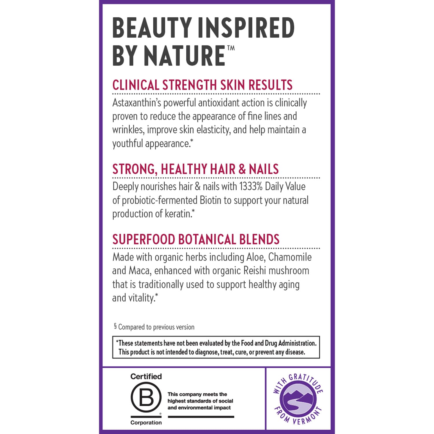 New Chapter hair skin nails capsule shot suggests daily use for radiant-looking vitality.