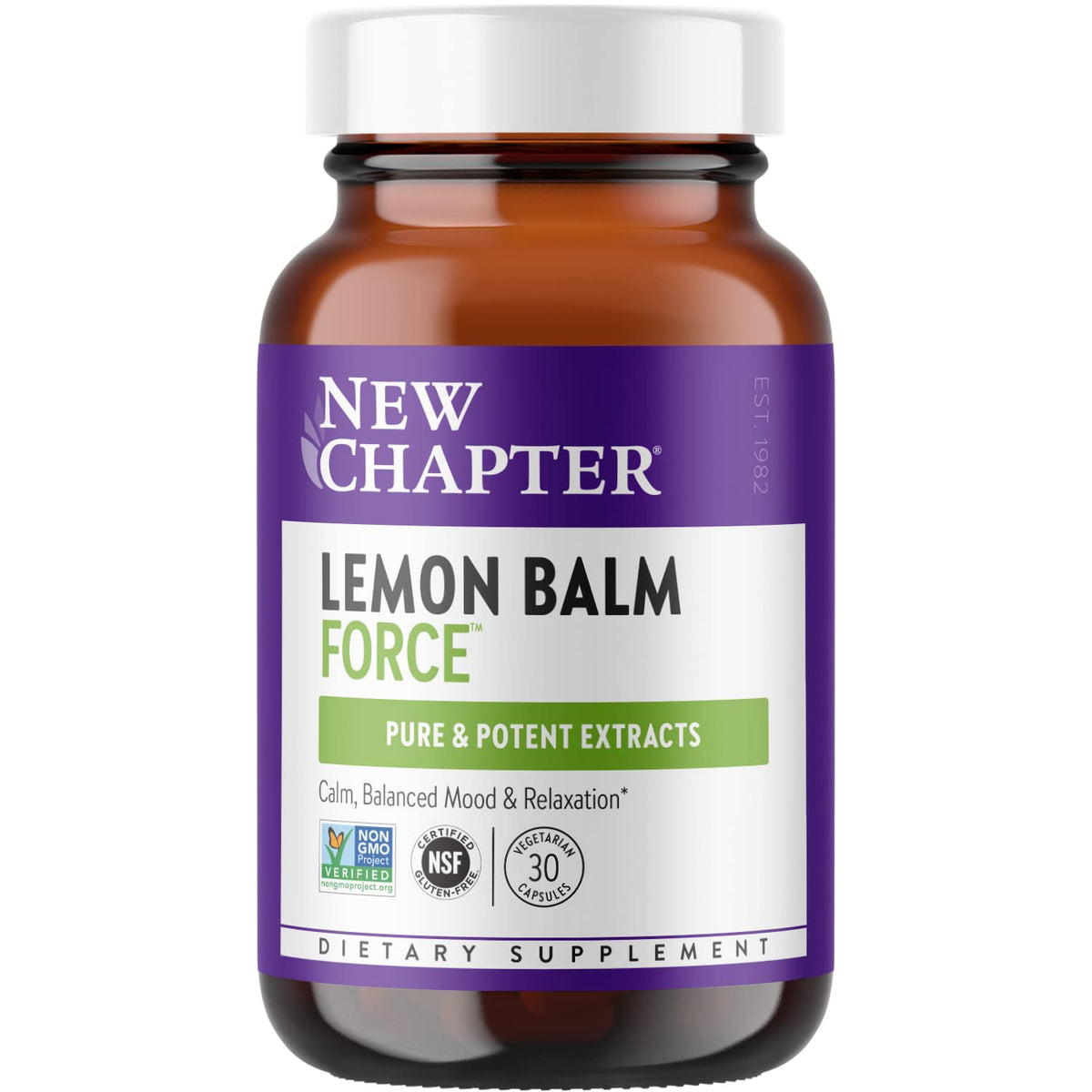 New Chapter Lemon Balm Force bottle promotes calm mood and daily wellness.