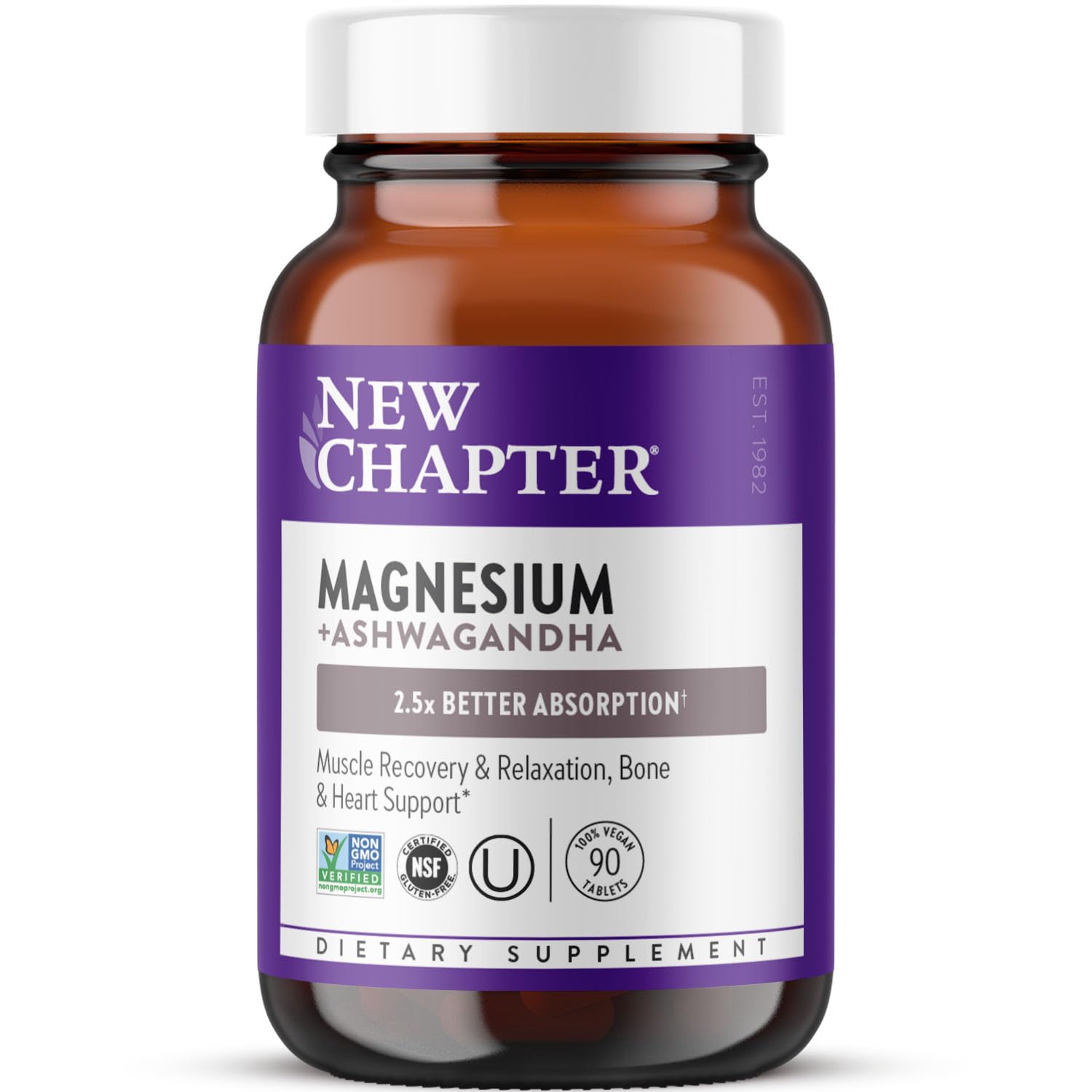 New Chapter magnesium-ashwagandha bottle front for daily calm and muscle support.
