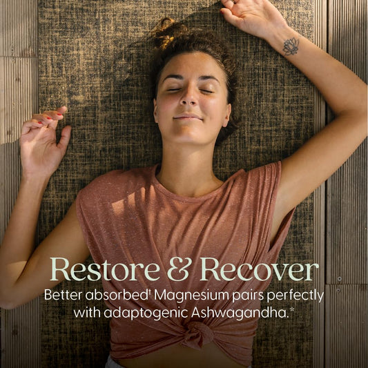 New Chapter magnesium-ashwagandha capsules closeup highlighting high absorption.