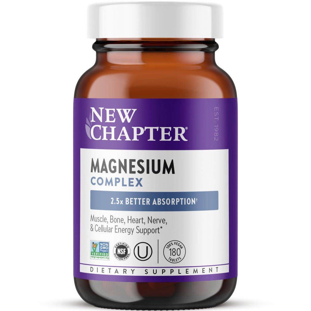 New Chapter Magnesium Complex bottle front highlights a triple magnesium blend for balanced energy support.