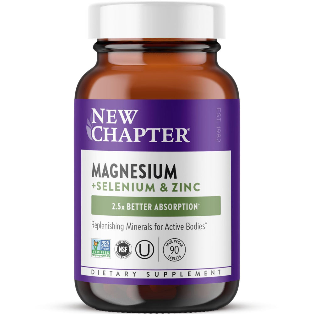 New Chapter magnesium-selenium-zinc tablet bottle supports post-exercise recovery with essential minerals