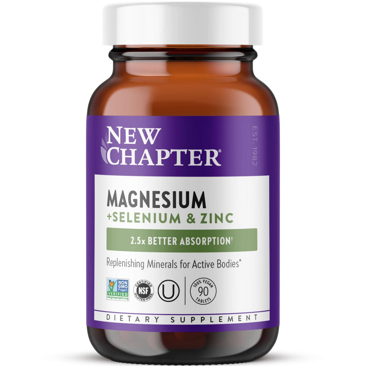 New Chapter magnesium-selenium-zinc tablet bottle supports post-exercise recovery with essential minerals