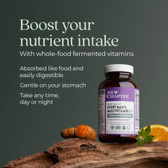 New Chapter Men’s Multivitamin 40+ bottle pour shows smooth on-the-go use.