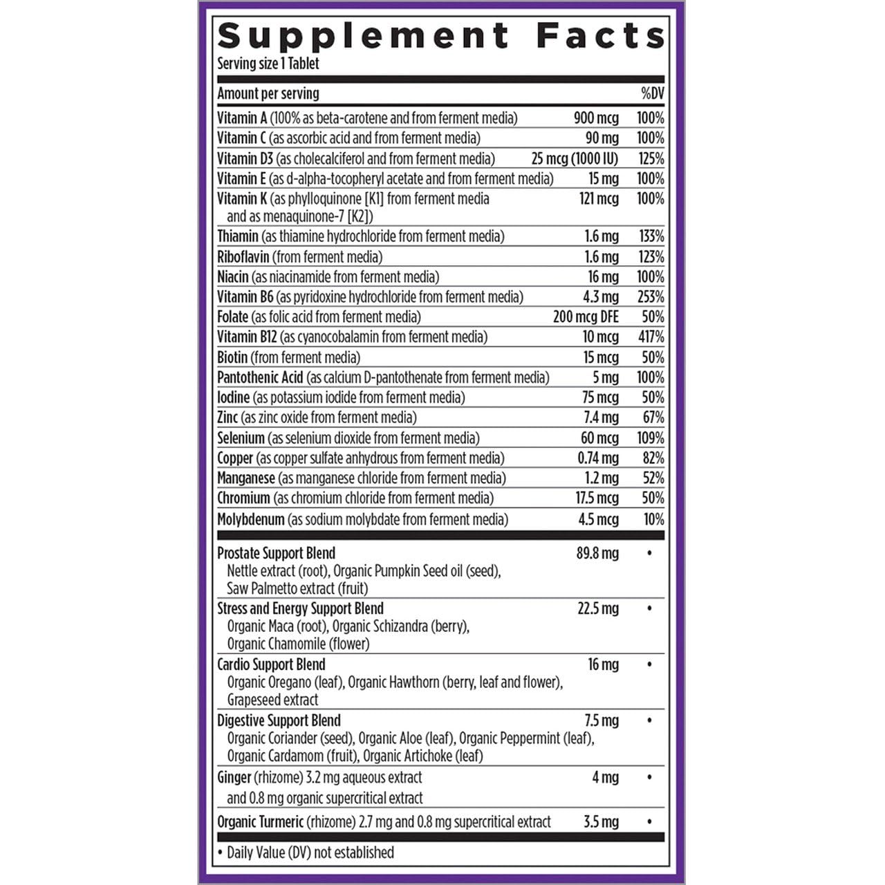 New Chapter Men's Multivitamin 40+ tablets highlighting fermented ingredients and organic formula