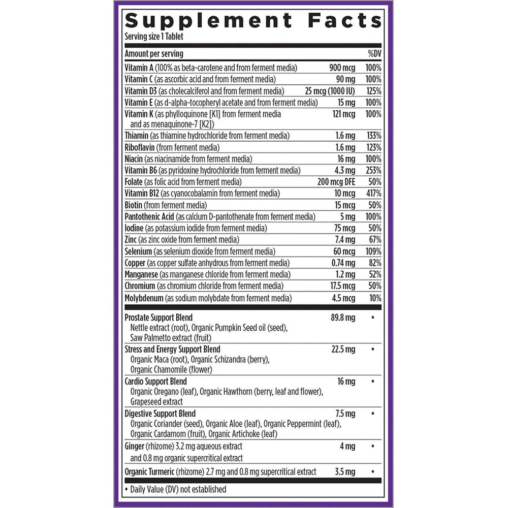 New Chapter Men's Multivitamin 40+ tablets highlighting fermented ingredients and organic formula