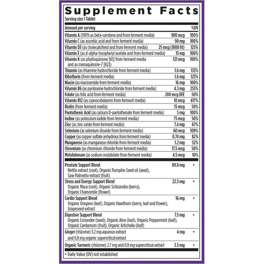 New Chapter Men's Multivitamin 40+ tablets highlighting fermented ingredients and organic formula