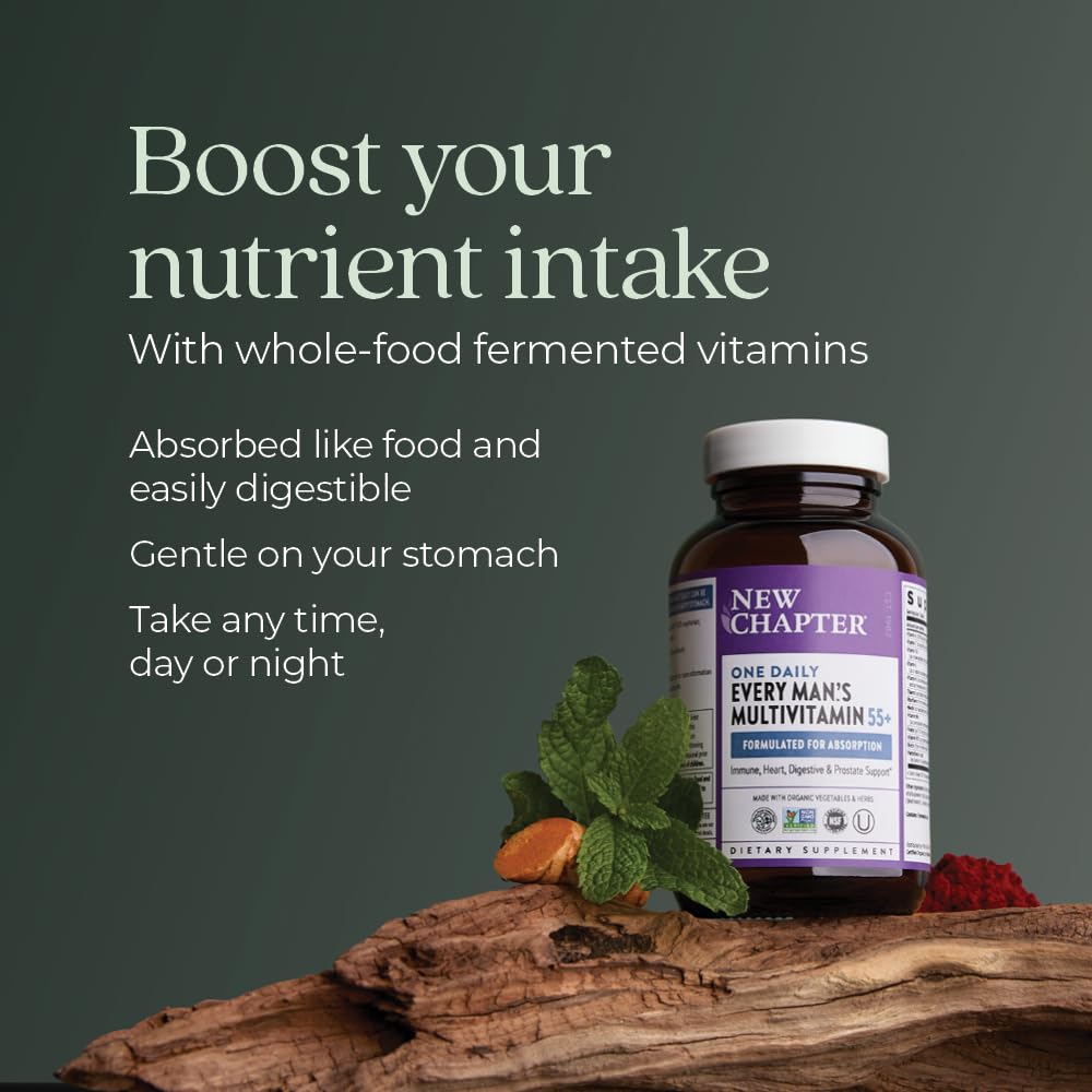 Fermented nutrient imagery representing New Chapter 55+ whole-food formulation for digestion.