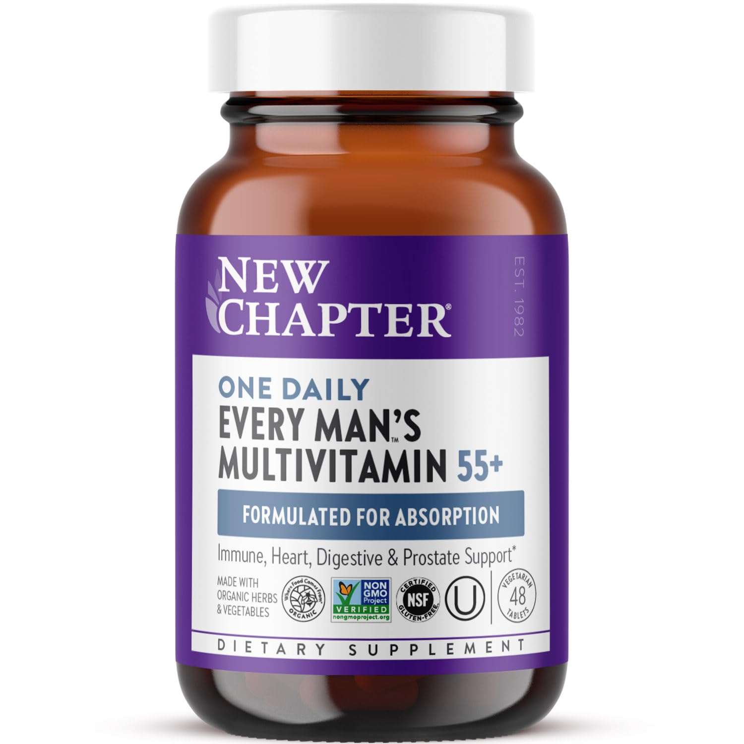 New Chapter Men’s Multivitamin 55+ bottle showing a once-daily, easily digestible supplement