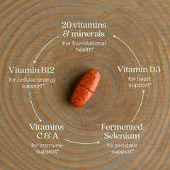 New Chapter Men's Multivitamin 55+ tablet close-up highlights whole-food fermented nutrients.