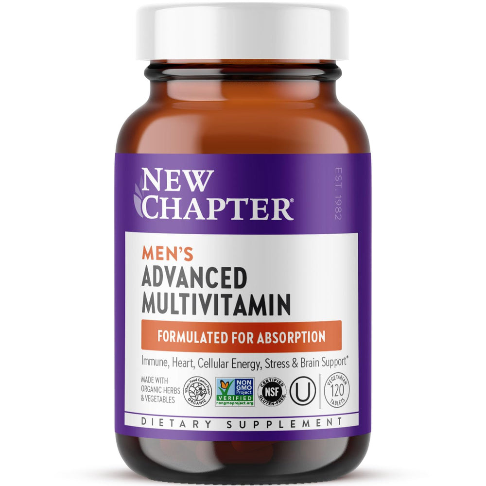 New Chapter Men's Multivitamin advanced bottle on counter showing packaging for daily wellness support