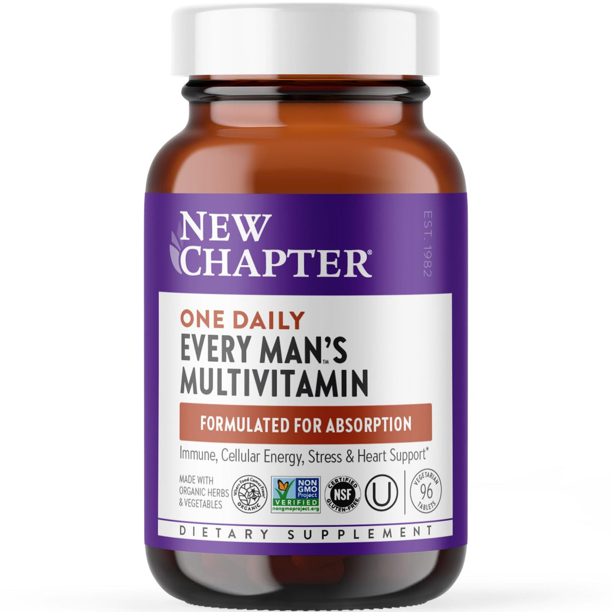 New Chapter Men's Multivitamin bottle highlights immune-support nutrients for daily wellness.