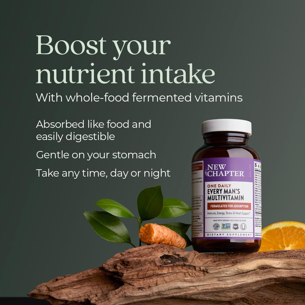 New Chapter Men's Multivitamin glass bottle seen on a clean surface signaling premium nutrition.