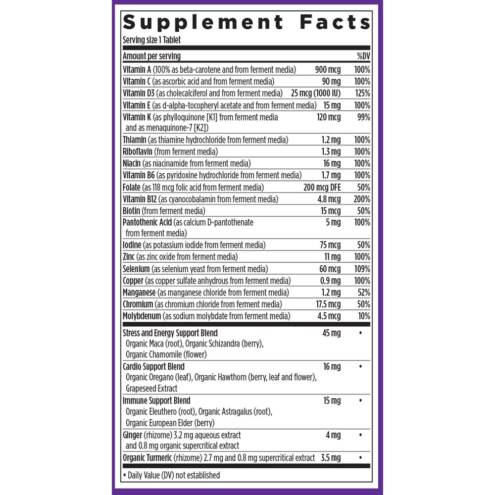New Chapter Men's Multivitamin organic vegetables and herbs badge underscores quality and non-GMO status.