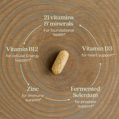 New Chapter Men's Multivitamin tablet close-up emphasizes the one-daily formula and gentle stomach compatibility.