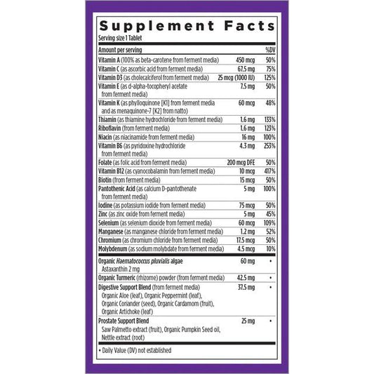 New Chapter multivitamin for men 50 plus packaging highlighting organic ingredients and fermentation.