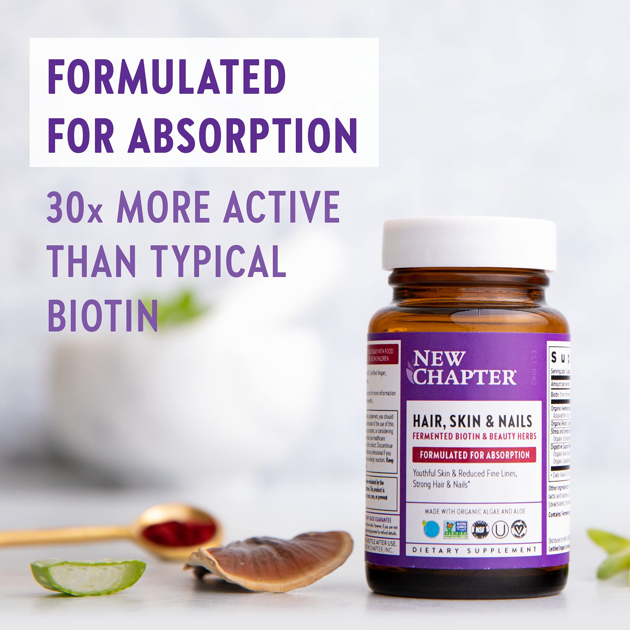 New Chapter non-GMO and vegan certifications on the label.