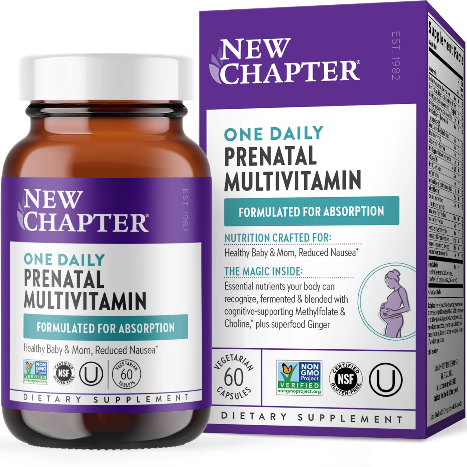 New Chapter Prenatal bottle with capsules for gentle, easy daily nourishment.
