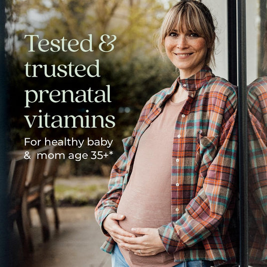 New Chapter Prenatal tablet close-up highlighting methylfolate and choline support.