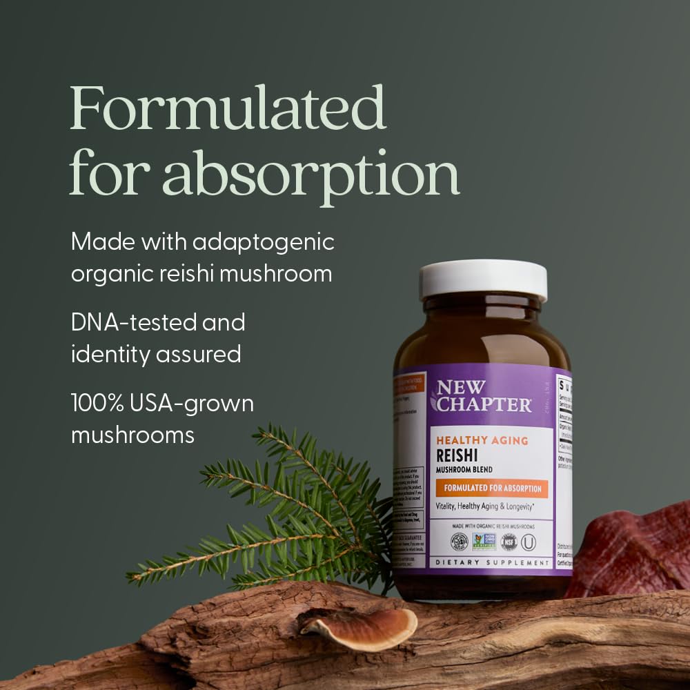 Close-up of New Chapter Reishi label highlighting quality and authenticity.