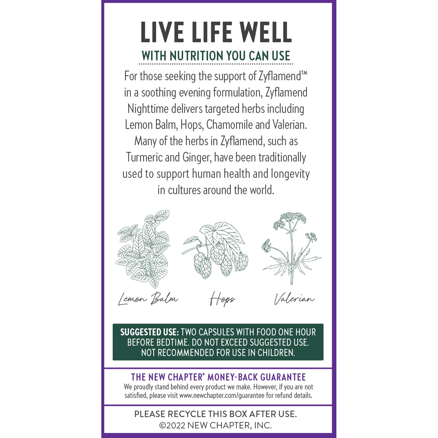 Herbal blend imagery with lemon balm and holy basil suggests calming nighttime use.
