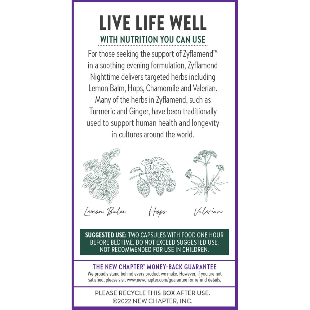Herbal blend imagery with lemon balm and holy basil suggests calming nighttime use.