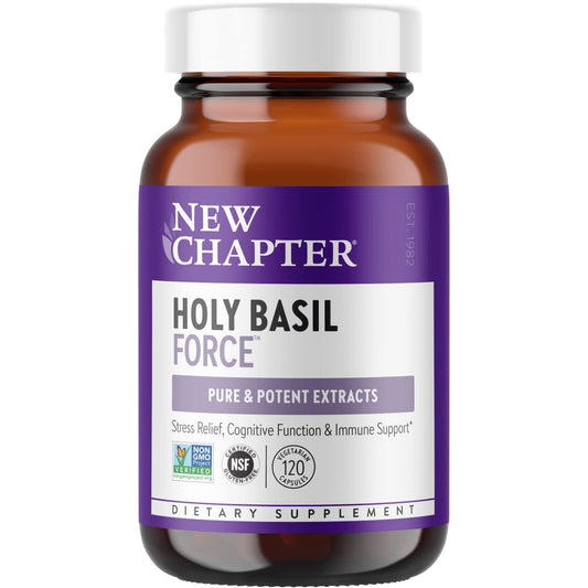 New Chapter Stress Relief Holy Basil Force bottle for daily immune support.