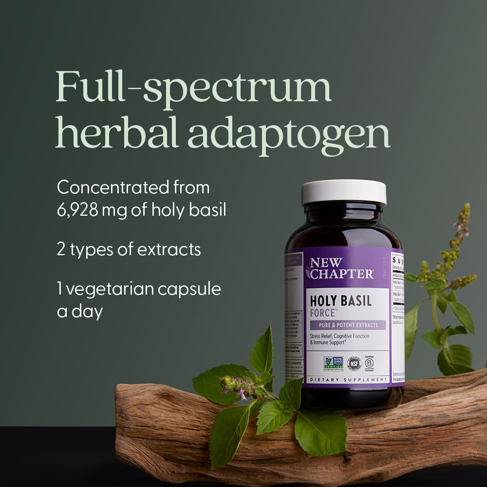 Closeup of New Chapter Holy Basil Force label highlights non-GMO and vegan features.