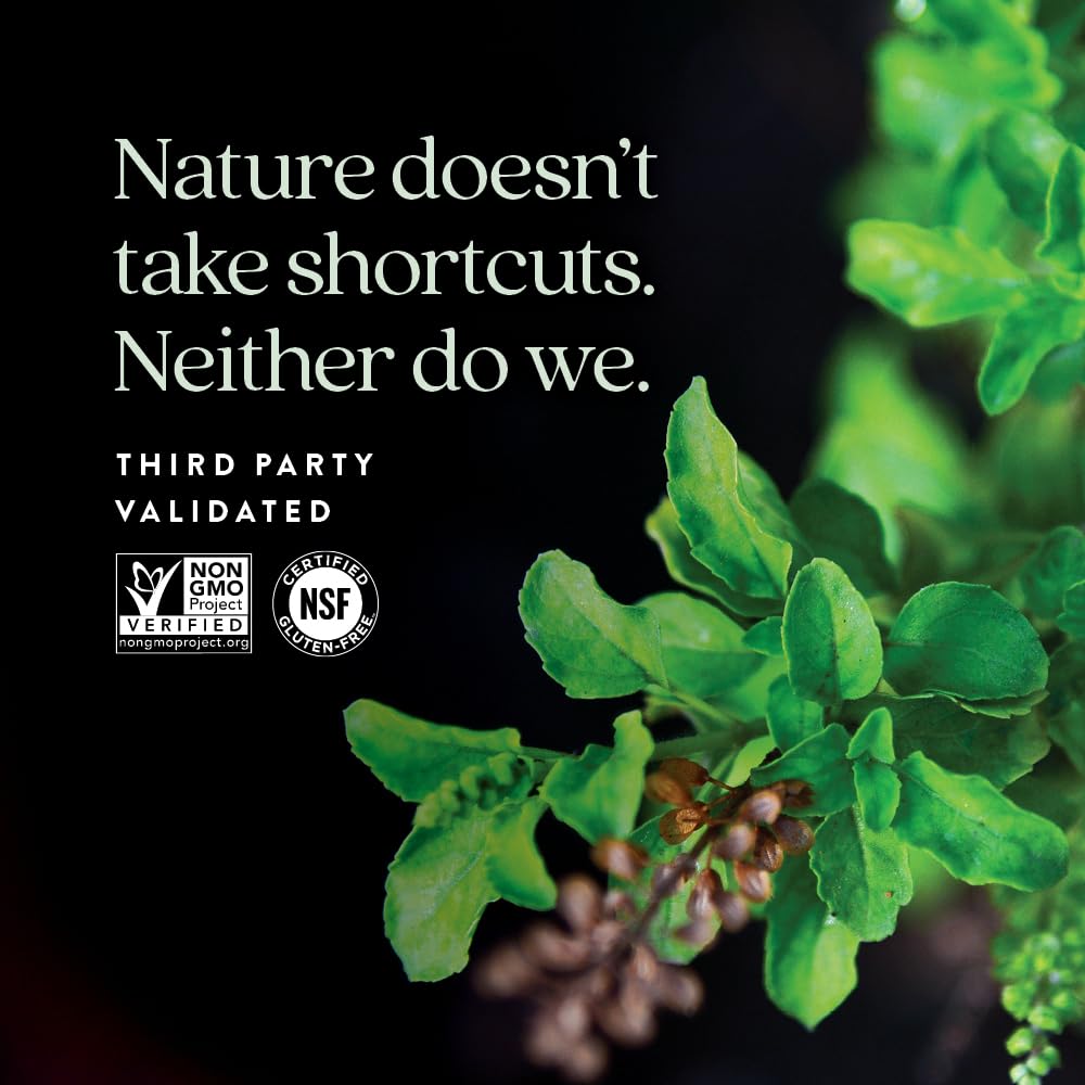 New Chapter Holy Basil Force packaging shows gluten-free and dairy-free ingredients.