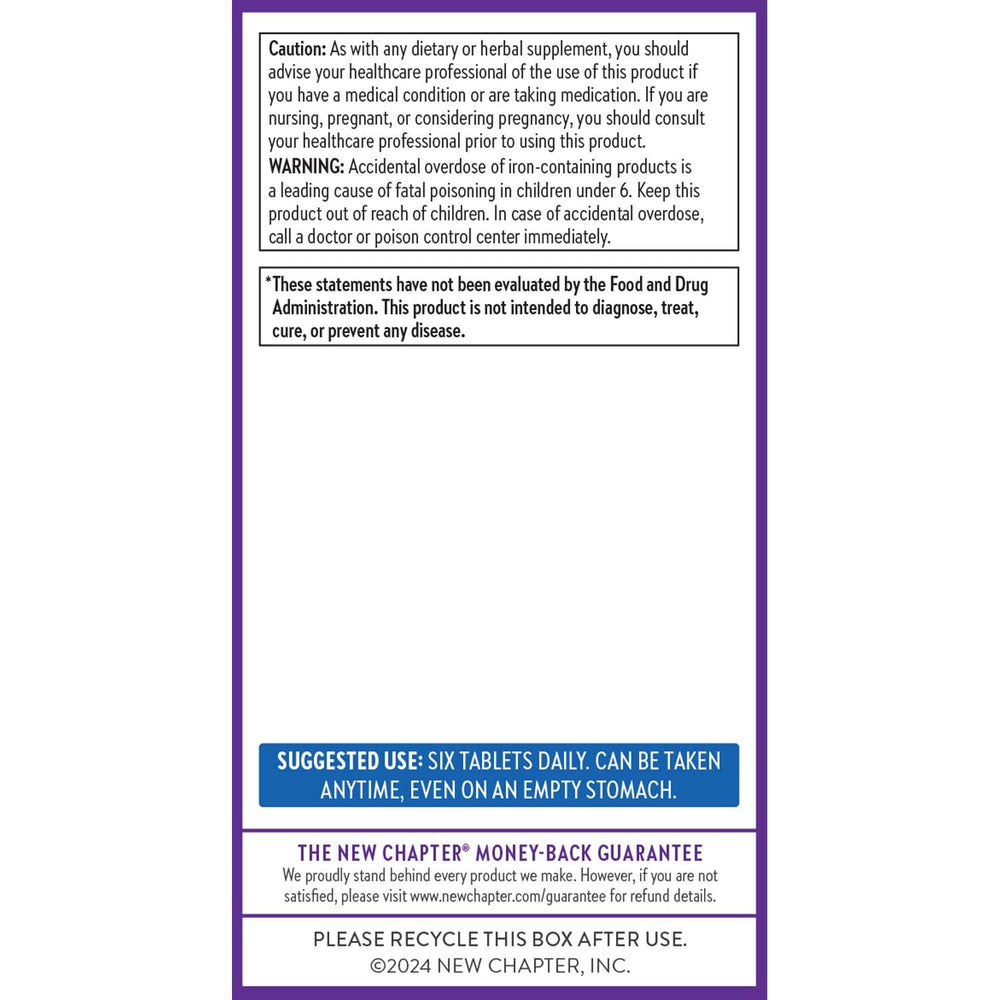 New Chapter Tiny Tabs bottle and label showing dosage and nutritional highlights