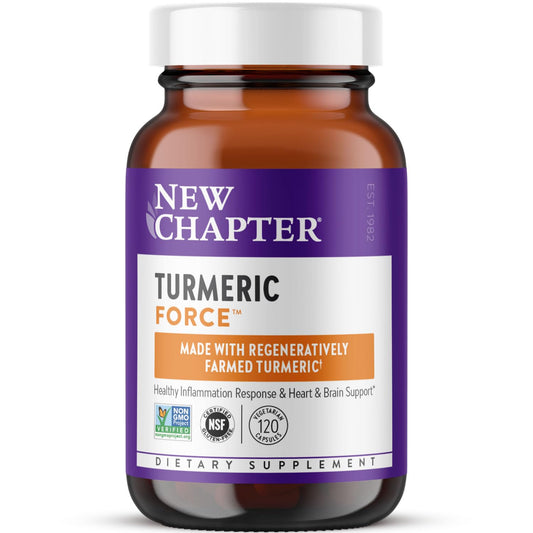 New Chapter Turmeric Force bottle view with daily capsule for wellness.