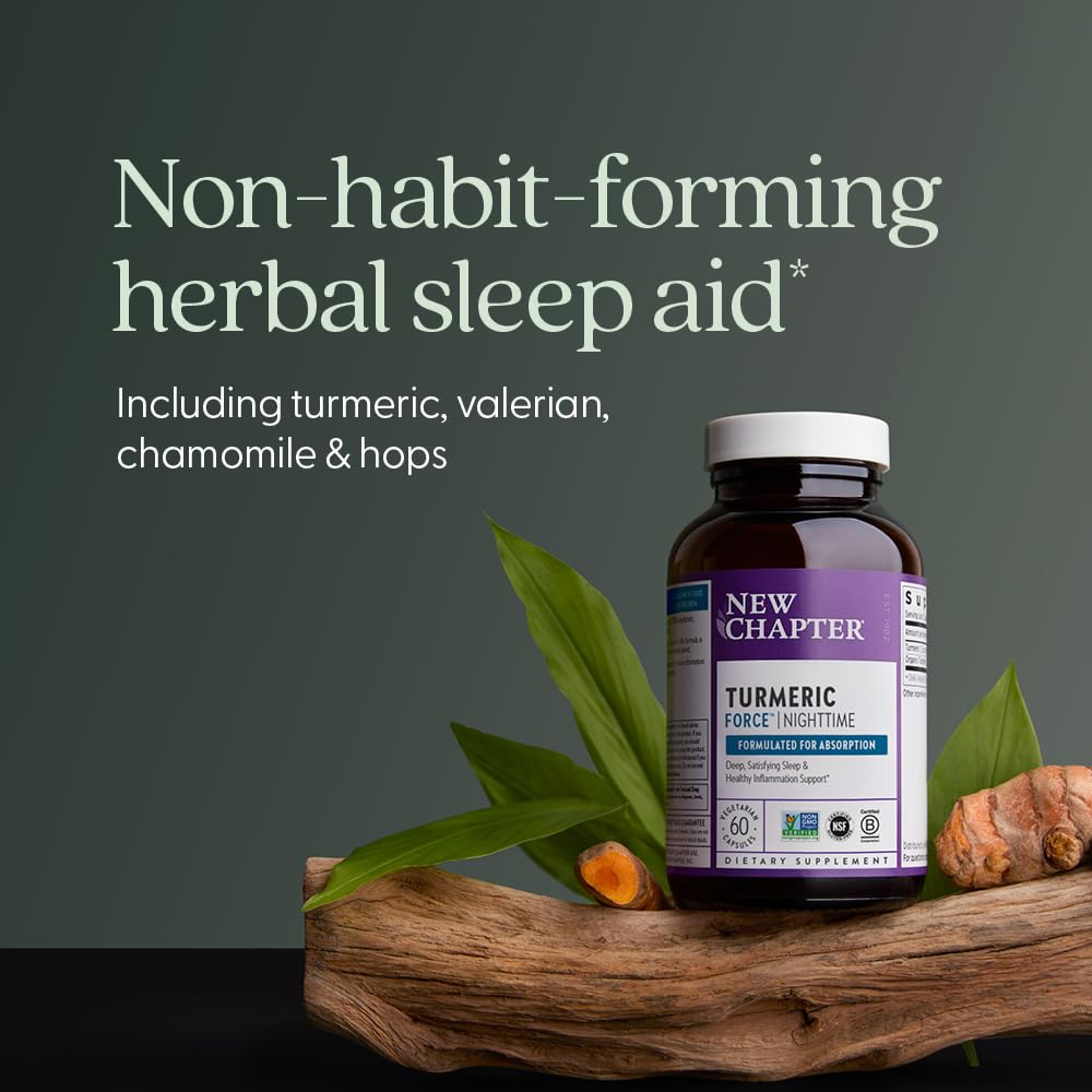 New Chapter Turmeric Force Nighttime lemon balm shot suggests serene evenings.