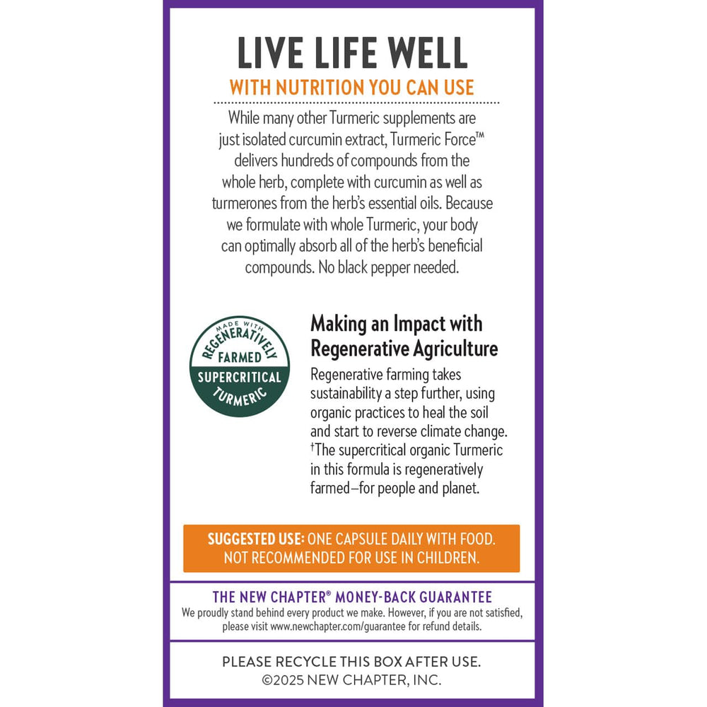 New Chapter Turmeric Force vegetarian capsule suitable for plant-based diets.