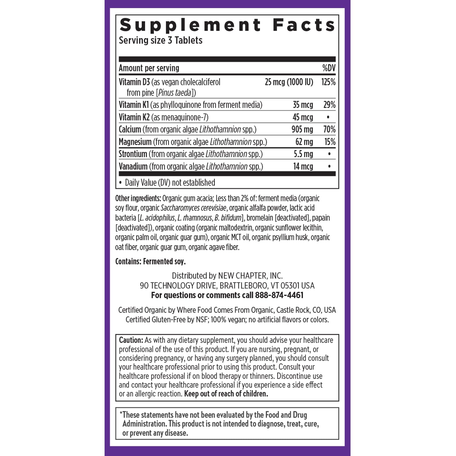New Chapter certifications showing USDA Organic, Non-GMO, vegan quality.