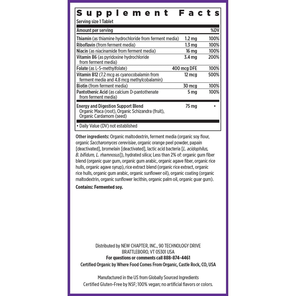 New Chapter Vitamin B Complex vegan and gluten-free certification visible.