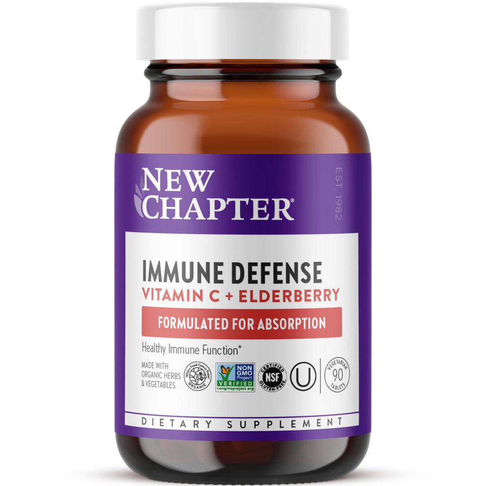 New Chapter Vitamin C Immune Defense bottle shown for daily immune support.