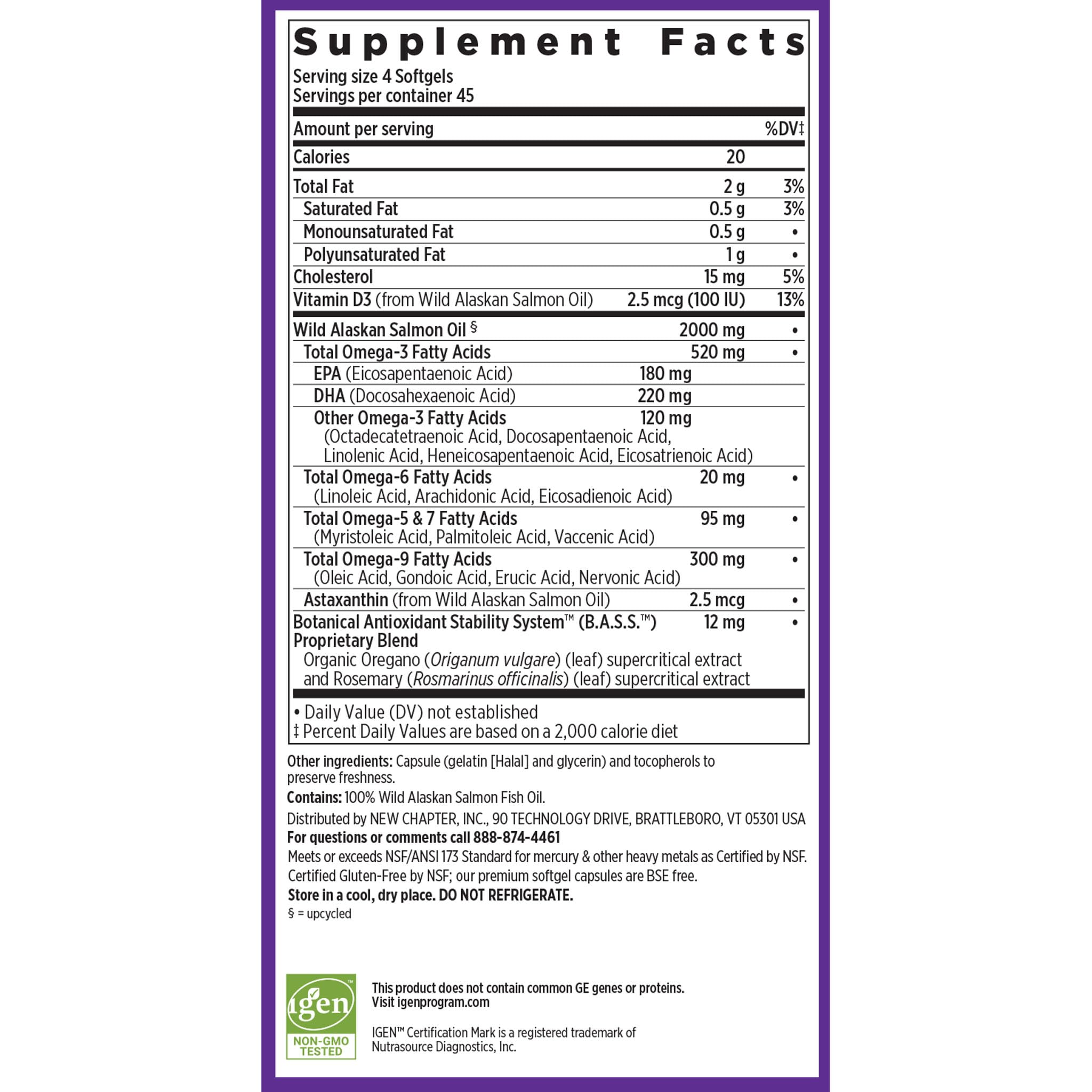 New Chapter Wholemega four mini softgels per serving on a blister pack.