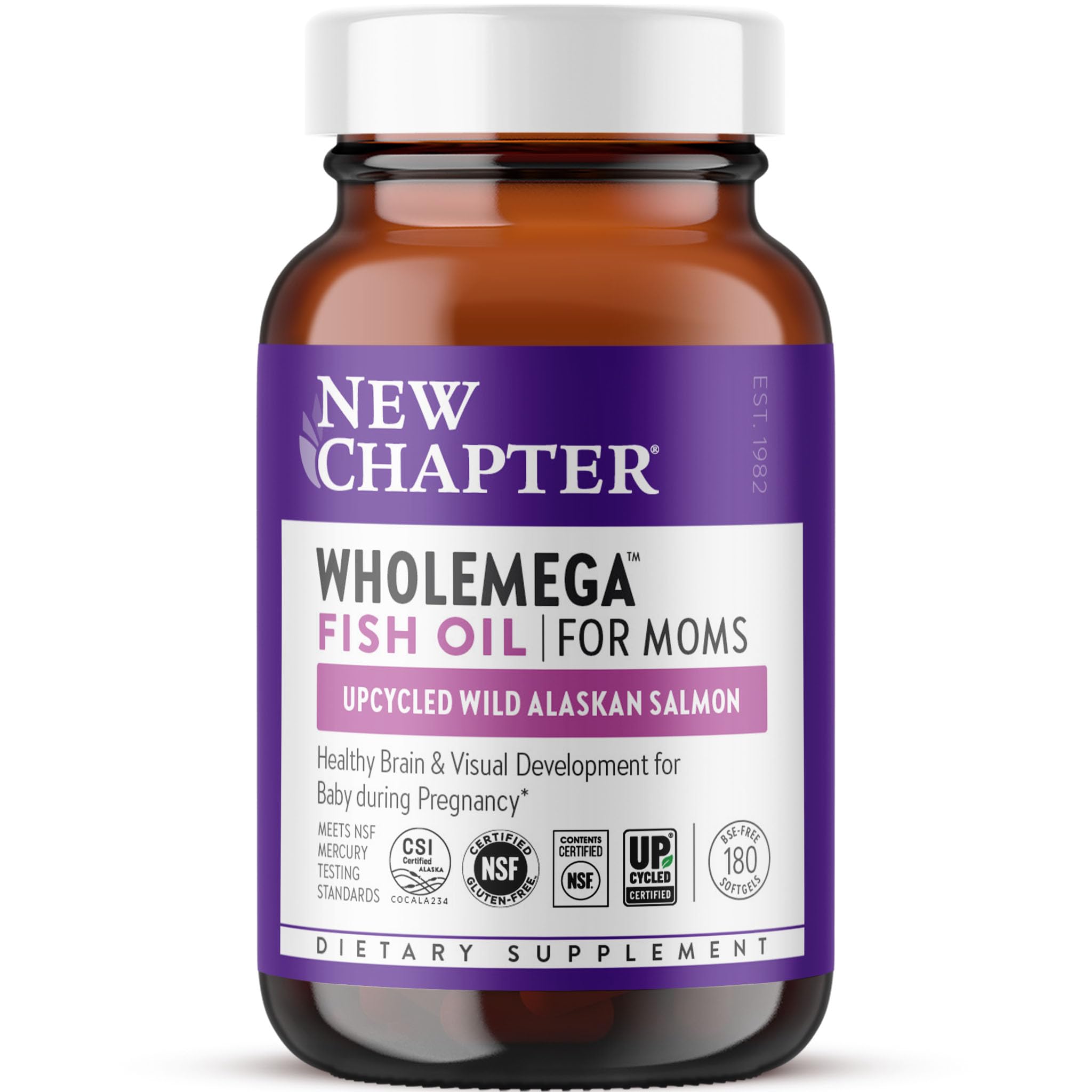New Chapter Wholemega for Moms bottle highlighting prenatal omega-3 and Vitamin D3 benefits.