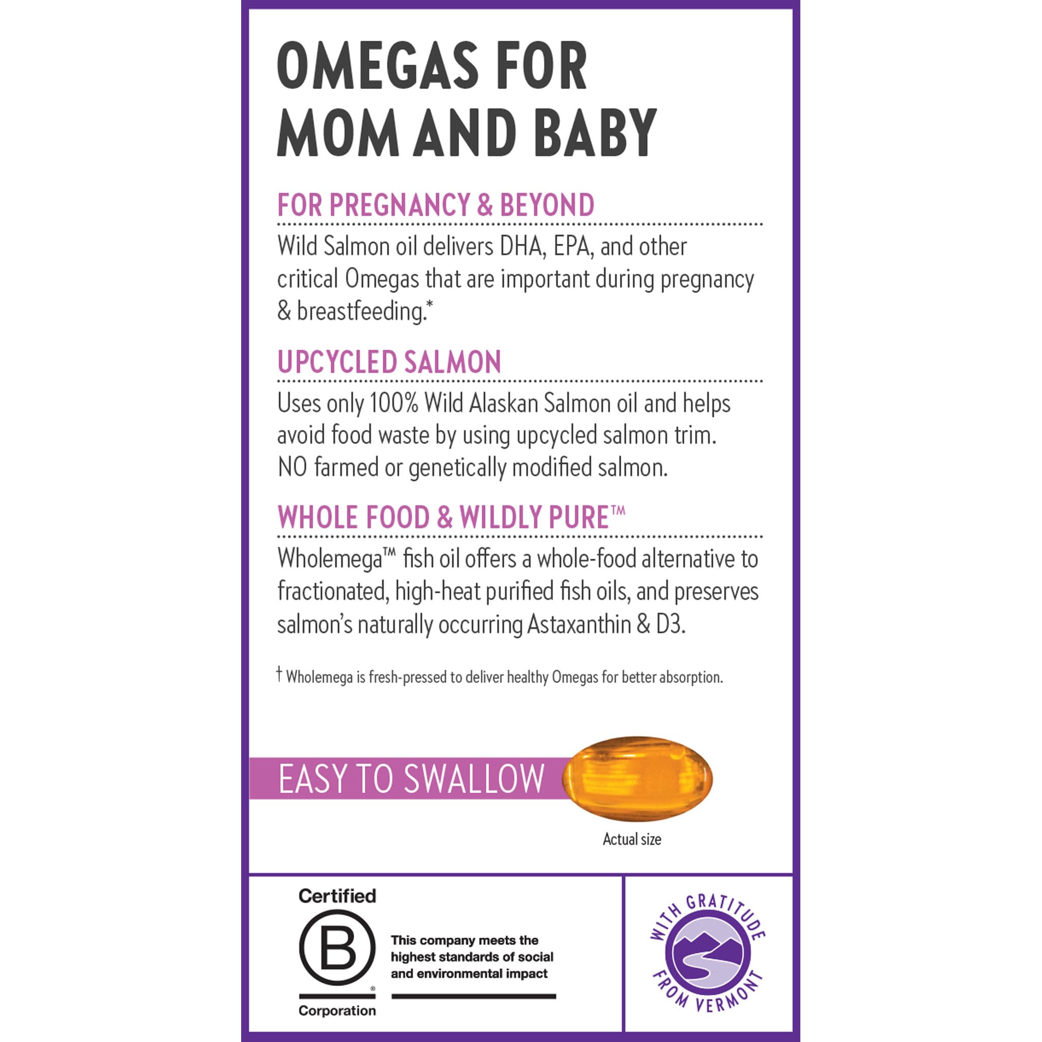 New Chapter Wholemega for Moms easy-to-swallow capsules for busy moms.