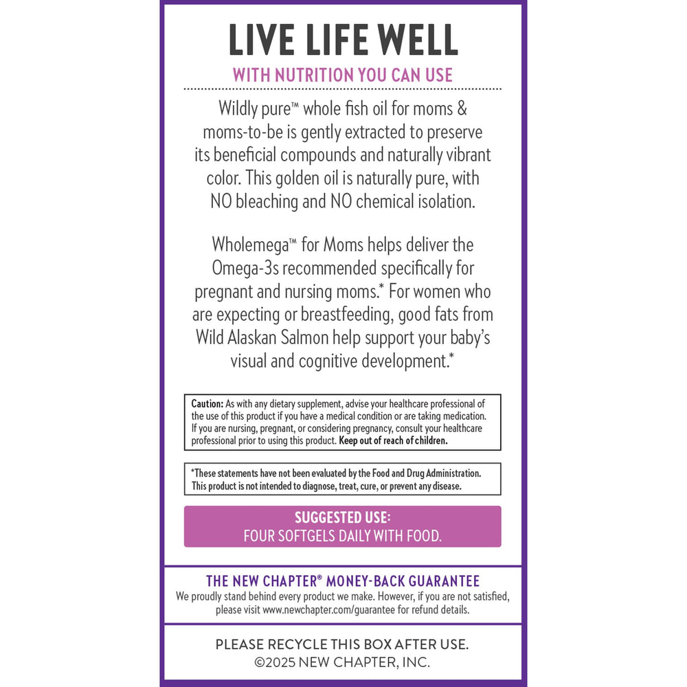 New Chapter Wholemega for Moms prenatal and postnatal wellness visuals.