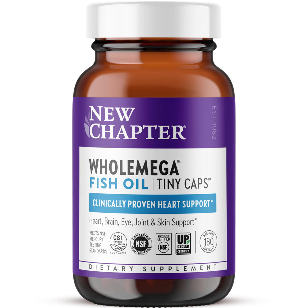 New Chapter Wholemega tiny capsules for easy daily omega-3 intake.