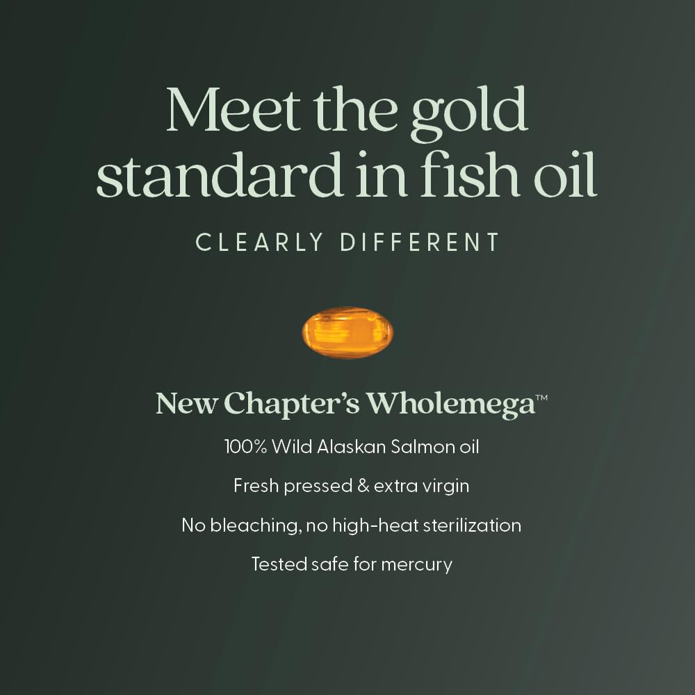 New Chapter Wholemega upcycled salmon trim label emphasizing waste reduction.
