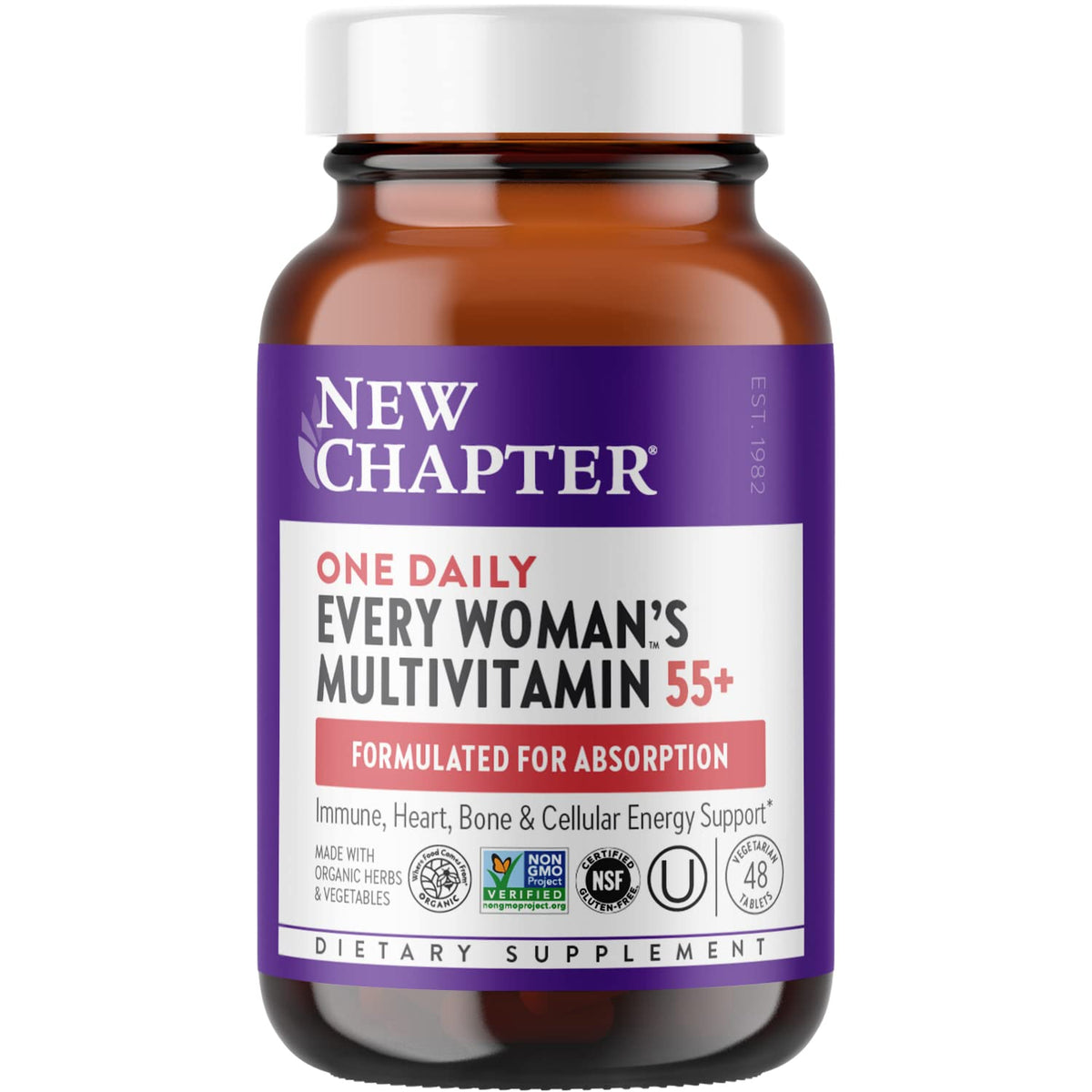 New Chapter Women’s Multivitamin 55+ bottle on shelf supports daily immune and bone health