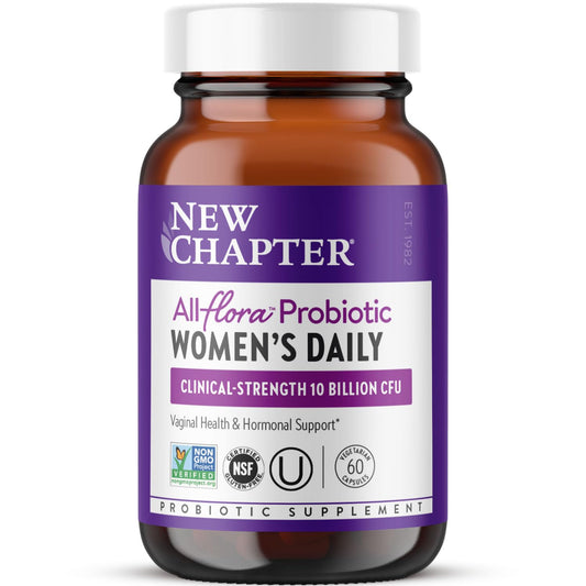 New Chapter Women’s Probiotic bottle visible for daily use and gut balance.